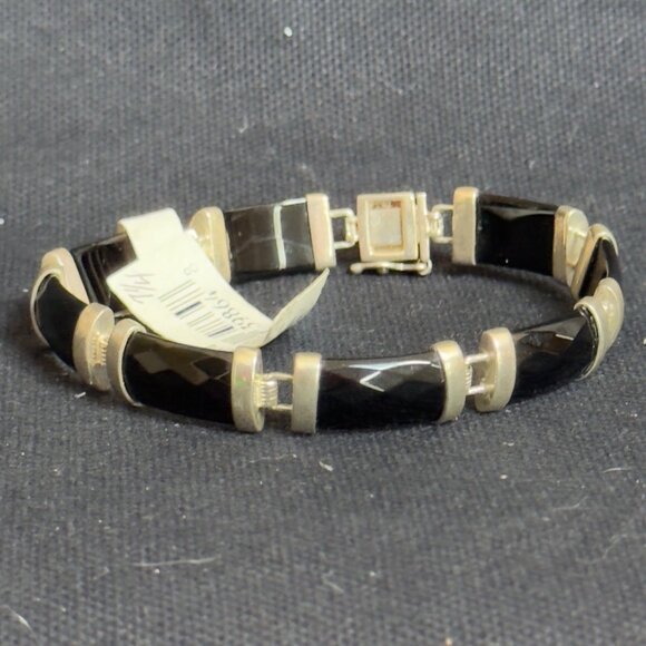 Elegant Vintage .925 Sterling Silver Faceted Onyx Womens Bracelet Secure Clasp - Picture 7 of 12